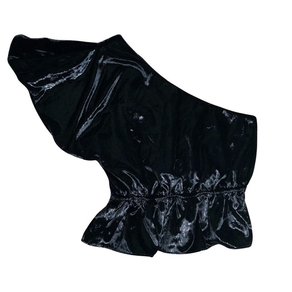 7 For All Mankind ONE SHOULDER RUFFLE BLOUSE IN BLACK SHINE - Size M - Picture 3 of 5